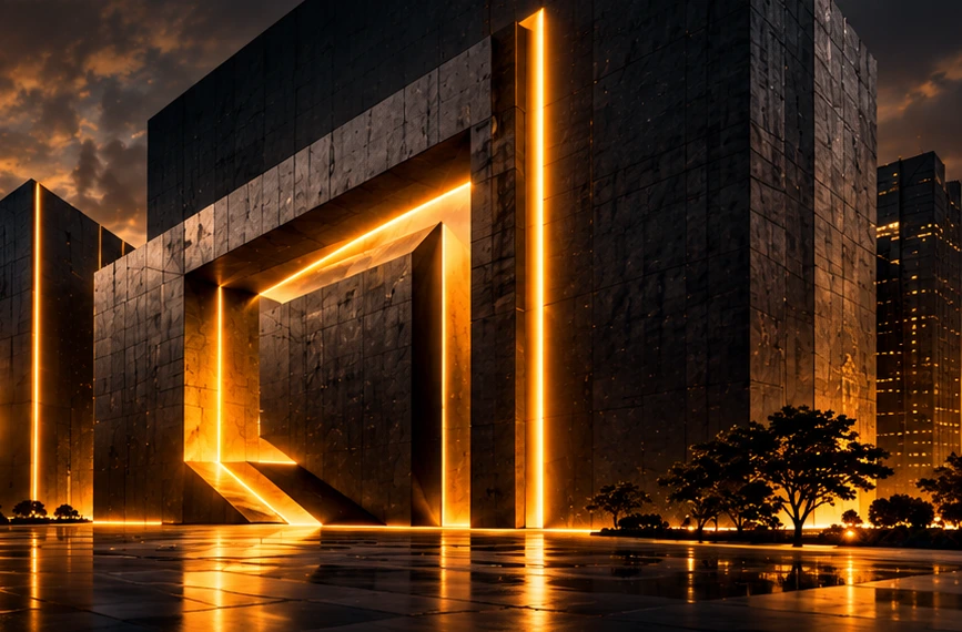 Arquitetura contemporânea iluminada em âmbar ao pôr do sol, representando construção e evolução